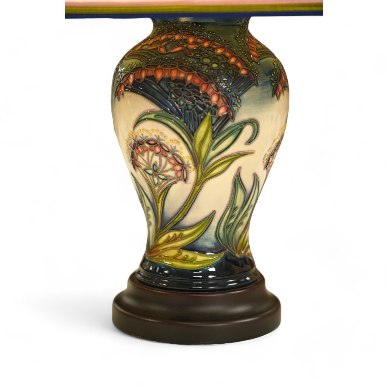 A Moorcroft lamp, shape 65/6, painter LB, with shade 37cm high. Condition - fair to good